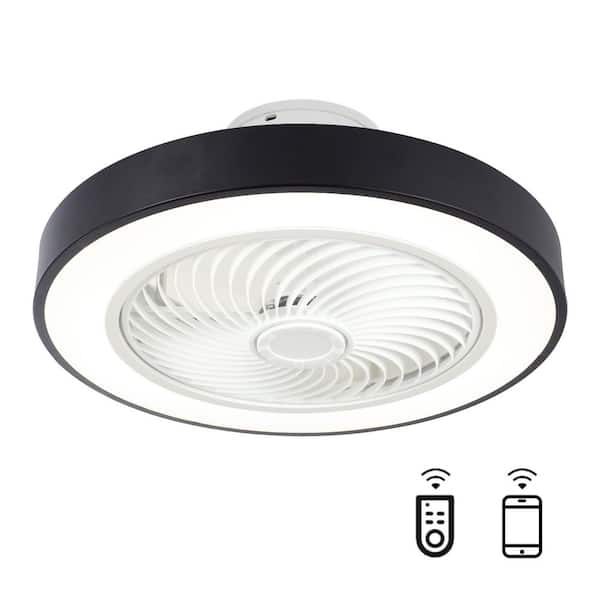 20 in. Indoor Black Caged Enclosed Flush Mount Ceiling Fan with LED Light Modern Low Profile with Remote and APP
