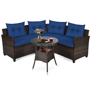 4-Piece Wicker Outdoor Patio Conversation Set Rattan Furniture Set with Navy Cushions