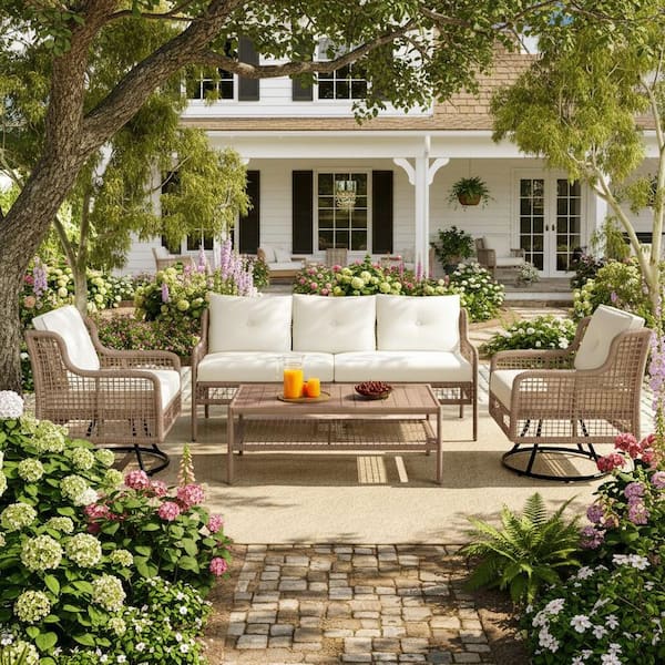 4-Piece All-Weather Wicker Outdoor Sectional Set, Patio Conservation Set with Beige Cushion and Swivel Chairs for Deck