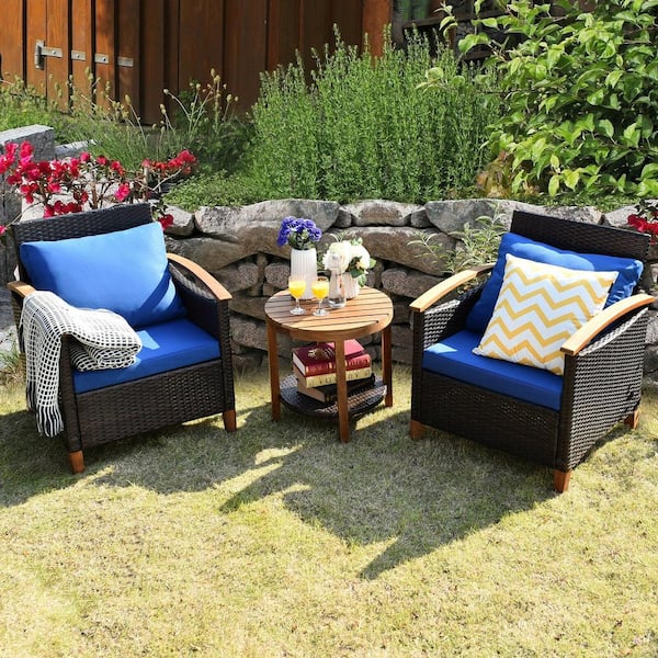 3-Piece Wicker Patio Conversation Set with Blue Cushions Coffee Table