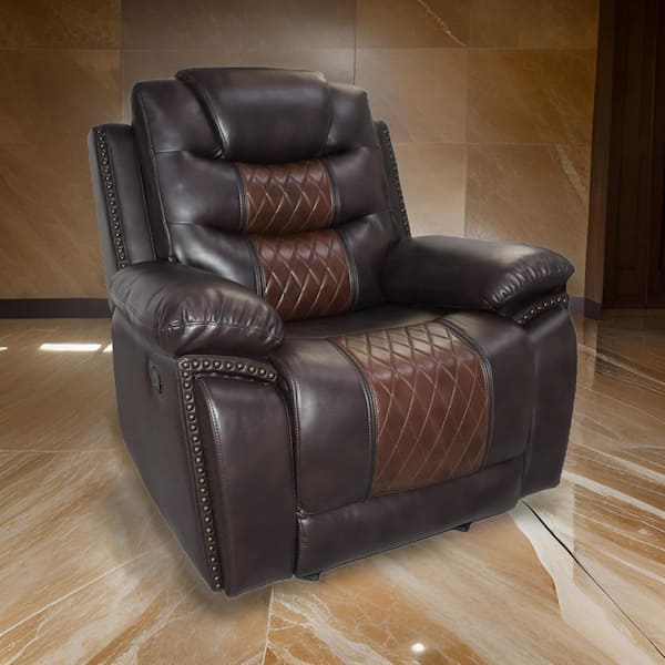 Benjara Brown Faux Leather Power Recliner with Wood and Pocket Coils