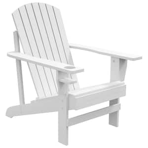 White Wood Outdoor Patio Chair with Cup Holder, Weather Resistant Classic Lounge for Deck, Garden, Backyard, Fire Pit