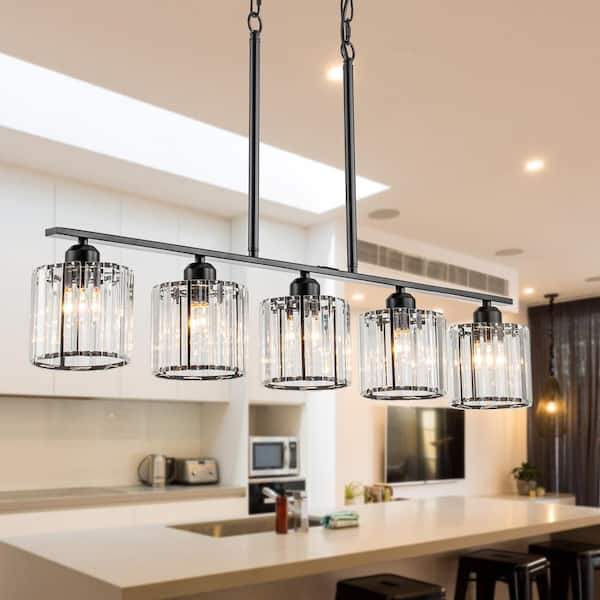 5-Light Matte Black Modern/Contemporary Linear Glass Crystal Hanging Pendant Light Farmhouse Kitchen Island Light