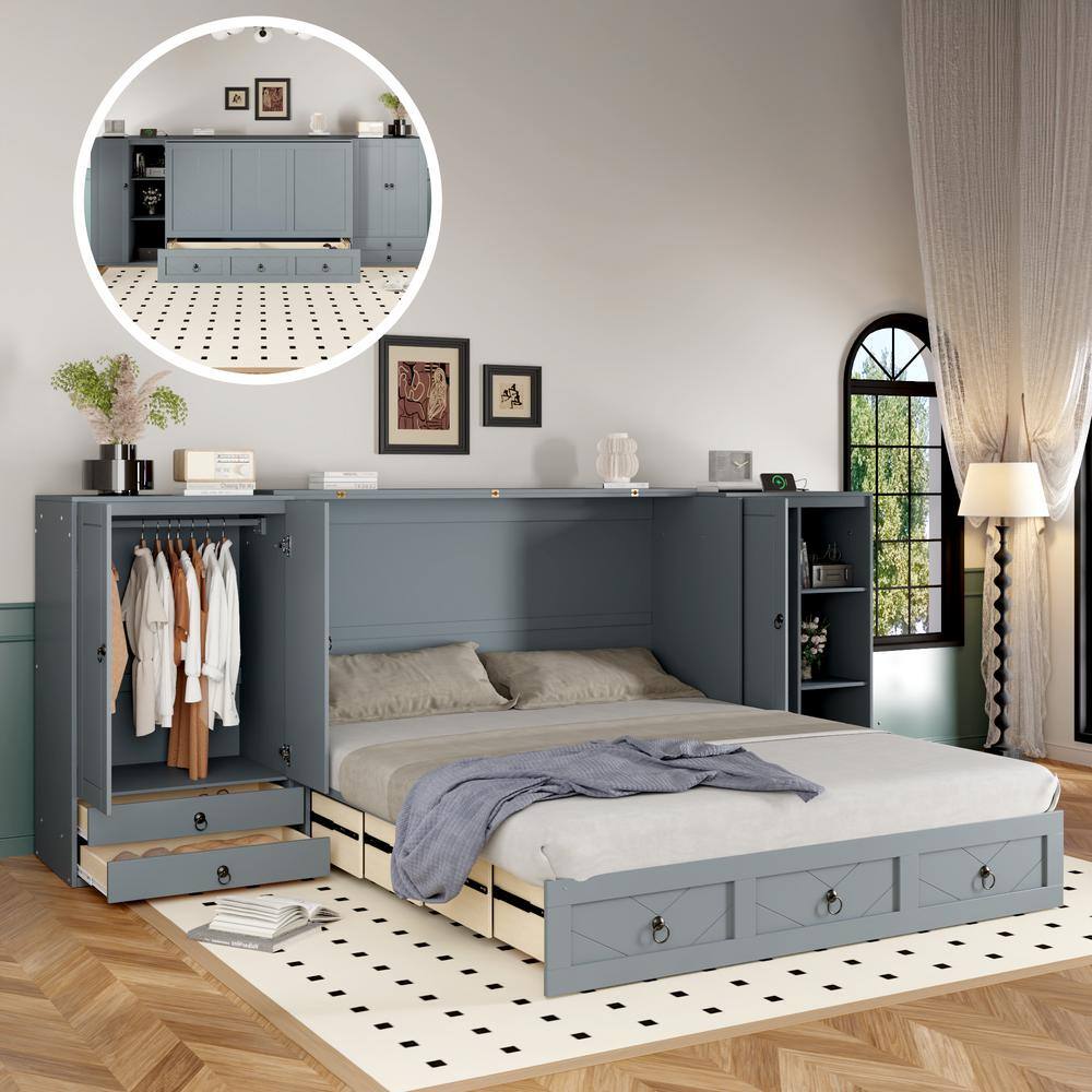 Harper & Bright Designs Gray Wood Frame Queen Size Murphy Bed with USB Port and Sockets