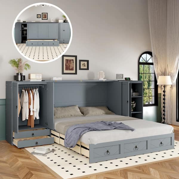 Harper & Bright Designs Gray Wood Frame Queen Size Murphy Bed with USB Port and Sockets, Wardrobes and Drawers