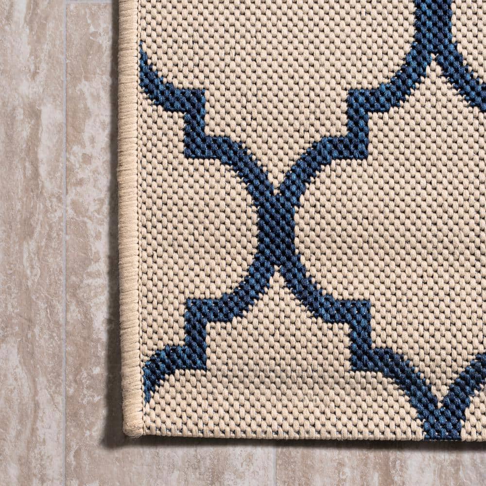 Santa Monica Beige/Navy Synthetic Trellis Runner Rug 2x8