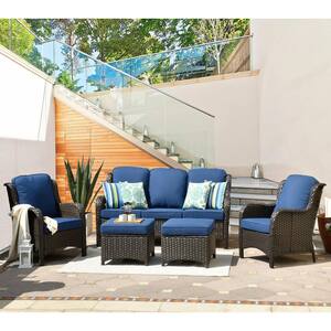 New Kenard Brown 5-Piece Wicker Outdoor Patio Conversation Seating Set with Navy Blue Cushions