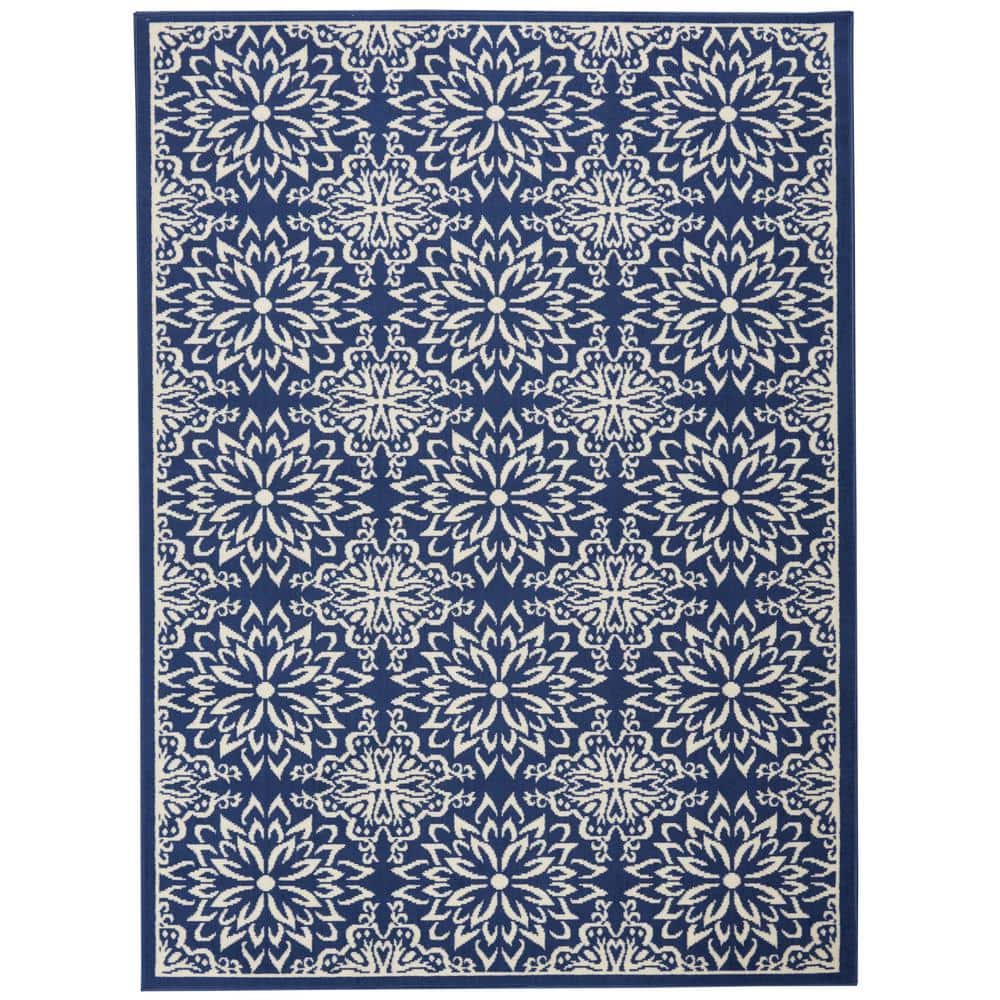 Navy/Ivory Floral Synthetic 4' x 6' Rectangular Rug