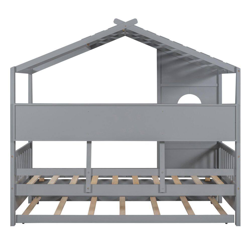Gray Wood Frame Full Size Platform Bed with Trundle, Storage Shlef - thumbnail 4