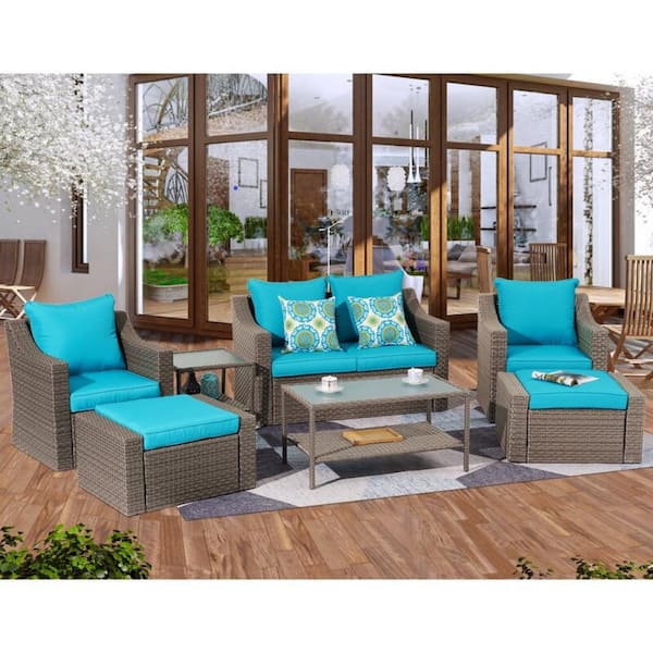 Cesicia Brown 8-Piece Wicker Outdoor Sectional Set with Blue Cushions and Glass Table