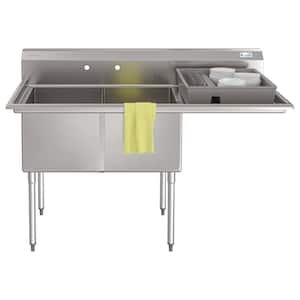 63 in. 18-Gauge 2-Compartment Commercial Sink with Backsplash and 24 in. Right Drainboard in Stainless-Steel