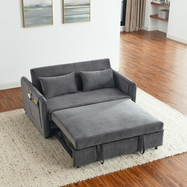 J&E Home 69.5 in. W Dark Gray Velvet Round Arm Rectangle Twin Size 2-Seats Modern Sofa Bed