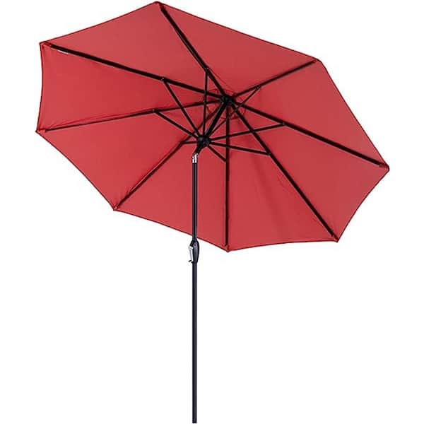 Dyiom 9 ft. Market Tilt Patio Umbrella Outdoor Table with Push Button and Crank in Rust Red, Beach Word Umbrella