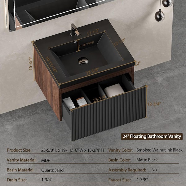 FAMYYT 24 in. W Single Sink Walnut Black Floating Bath Vanity with