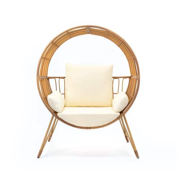 Oyezvary Modern Round E-coated & Powder-Coated Metal Outdoor Egg Lounge Chair with Handwoven All-Weather Wicker in Beige Cushions
