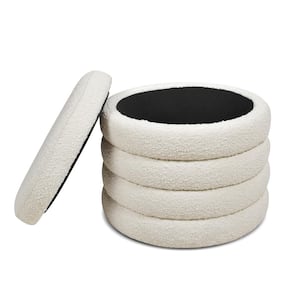 Fuji 19 in. Upholstered Boucle Fabric Round Living Room Foot Rest Stool Storage Ottoman in Ivory White