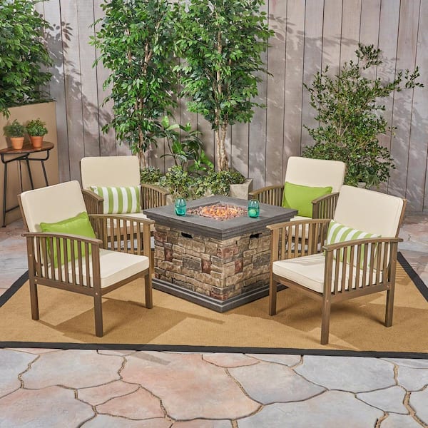 Noble House Carolina Grey 5-Piece Wood Patio Fire Pit Conversation Set with Cream Cushions