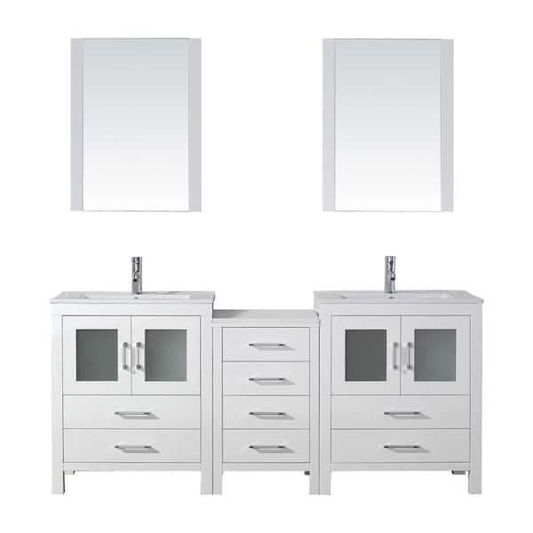 Virtu USA Dior 74 in. W Bath Vanity in White with Ceramic Vanity Top in Slim White Ceramic with Square Basin and Mirror