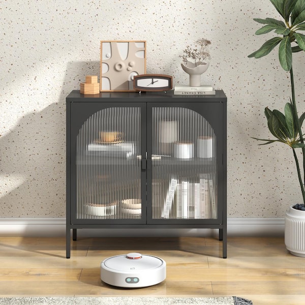 Metal Sideboard Cabinet, Accent Storage Cabinet with 2 Glass doors, with Adjustable Shelves, Black