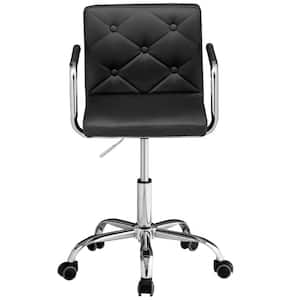 Office Stool with Arms/Wheels for Students Swivel Faux Leather Office Chair Home Computer Chair, Black