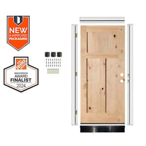 32in.x80in. Rustic Knotty Alder 3-Panel Left-Hand Unfinished Wood Assembly Required Front Door Kit w/QuickAssembleJamb