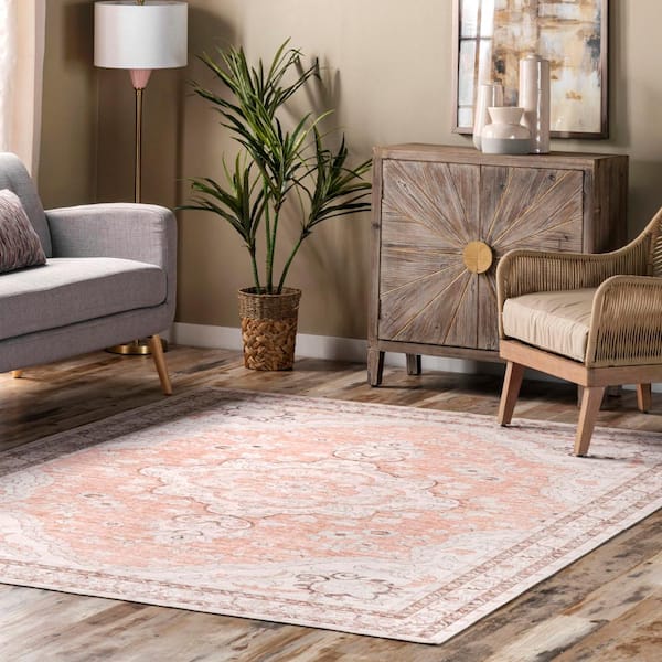 Tracie Machine Washable Peach 6 ft. Persian Round Rug