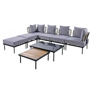 8-Piece Outdoor Metal Patio Conversation Set with Gray Cushions, Patio Sectional Sofa Set with 2 Coffee Tables