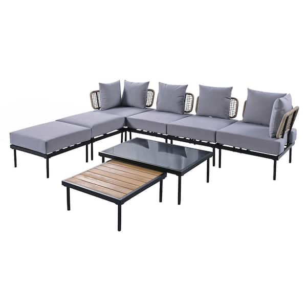 Unbranded 8-Piece Outdoor Metal Patio Conversation Set with Gray Cushions, Patio Sectional Sofa Set with 2 Coffee Tables