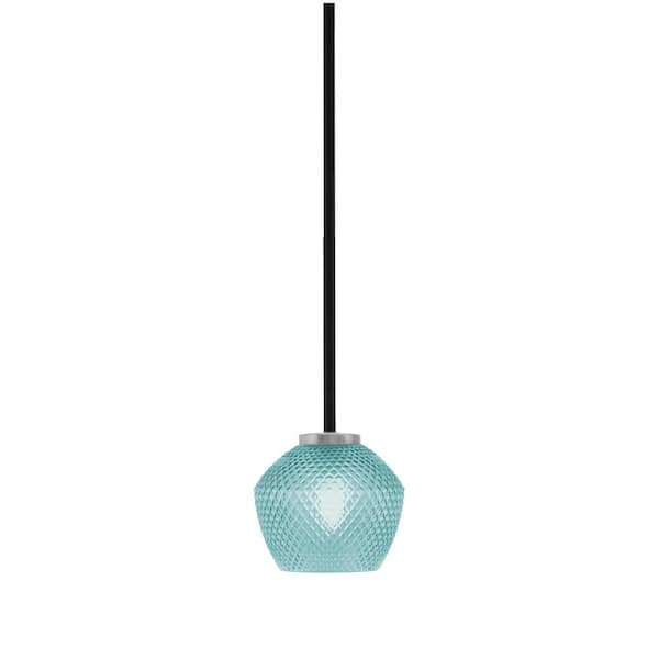 Unbranded Elonia 100-Watt 1 Light Matte Black & Graphite Stem Mini Pendant Light with 6 in. Turquoise Textured Glass Shade