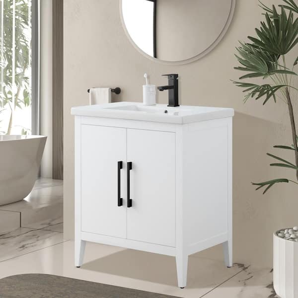 30 in. W x 18.5 in D x 34 in. H Single Sink Bathroom Vanity Cabinet in White with Ceramic Top