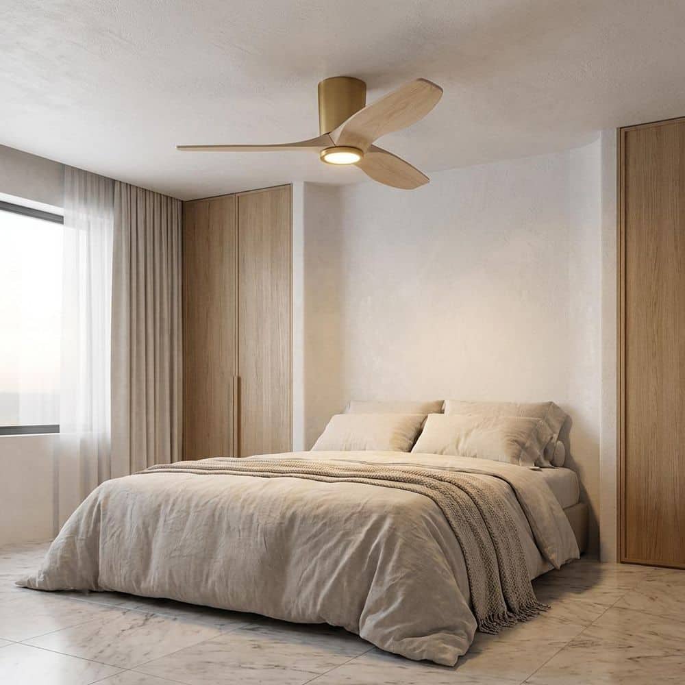 Seyra 44 in. Burnished Brass/Washed White Oak Hugger Standard Indoor/Outdoor Smart LED Ceiling Fan with Remote Included price history on PriceWatchPro
