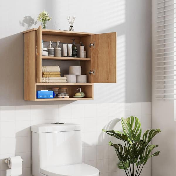 Gymax 24.5 in. Natural Accent Cabinet Office Storage Cabinet with 3 Shelves and 2 Rattan Doors