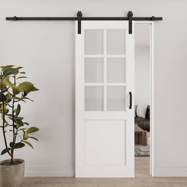ARK DESIGN 30 in. x 80 in. 6 Lite Tempered Frosted Glass White Primed Solid Core MDF Sliding Barn Door with Hardware Kit