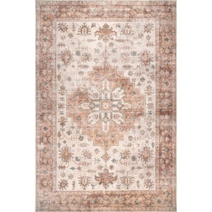 Dawson Machine Washable Distressed Medallion Peach 4 ft. x 6 ft. Area Rug