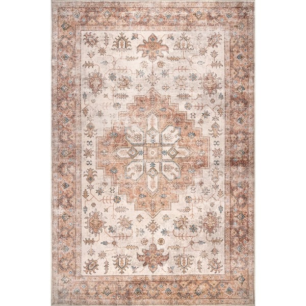 nuLOOM Dawson Machine Washable Peach 4 ft. x 6 ft. Distressed Medallion Area Rug