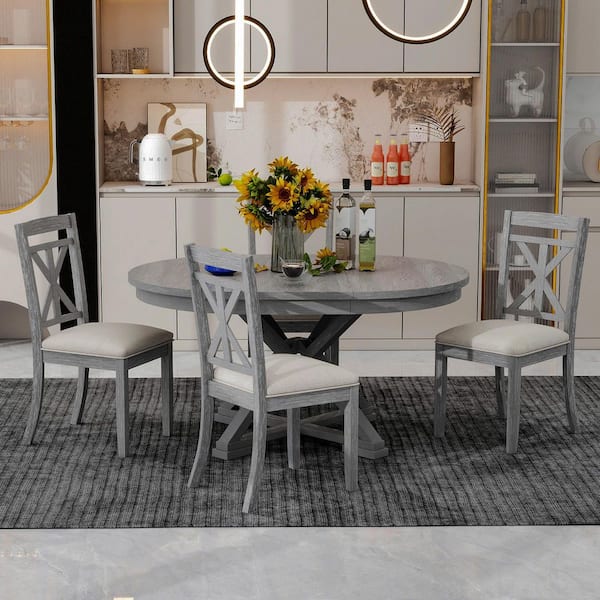 Fenwicke Rustic 5 Piece Round Grey MDF Top Extendable Dining Table Set with Upholstered Chairs, Seats 4
