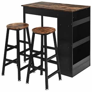 3 Pieces Industrial Style Multifunctional Bar Table Set with Storage Brown