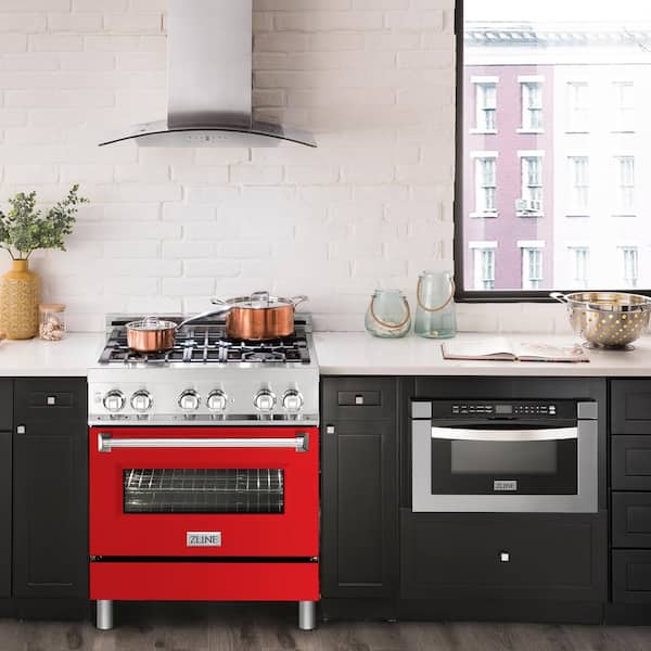 30 in. 4 Burner Dual Fuel Range with Red Matte Door in Stainless Steel