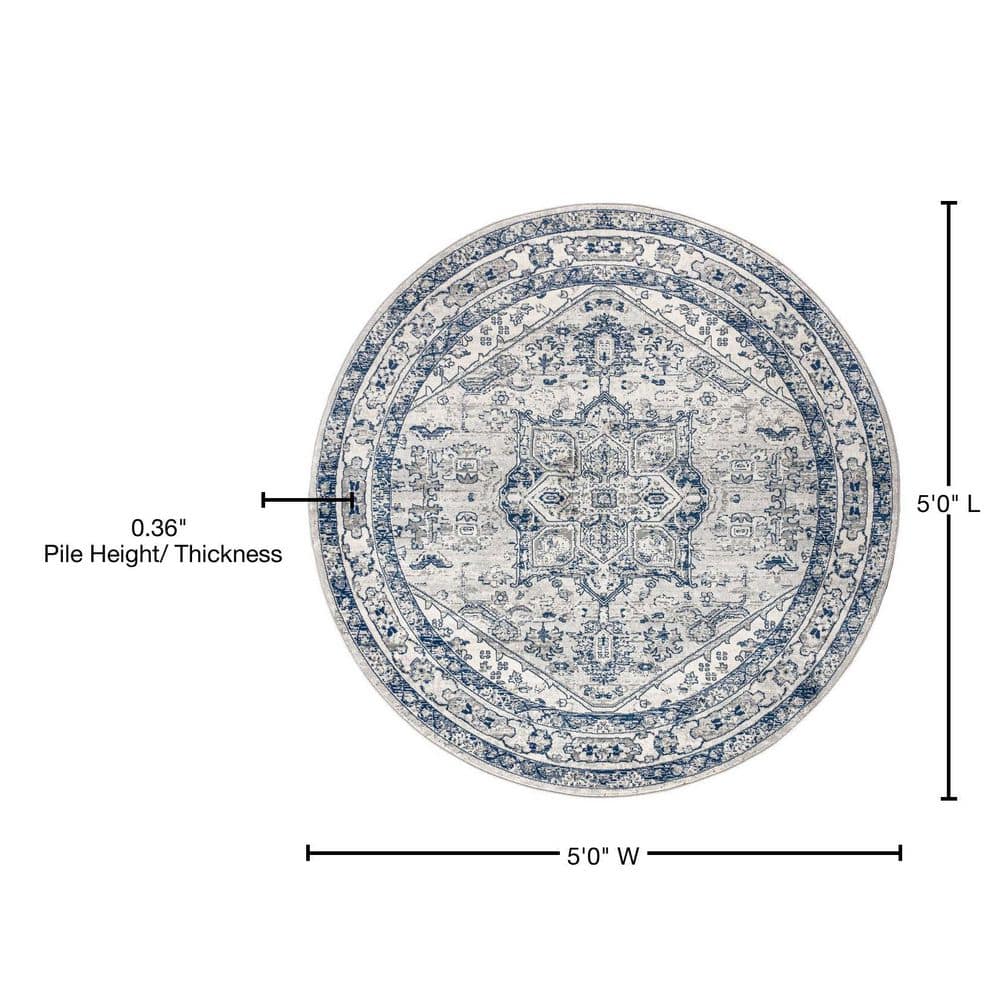 Light Grey and Navy Round Synthetic Persian Medallion Rug