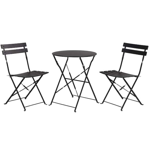 DESwan Black 3-Piece Steel Foldable Chairs and Round Outdoor Table ...