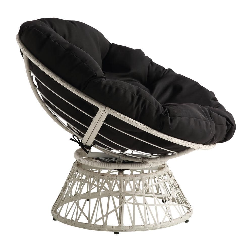 Black and Cream Wicker Swivel Papasan Chair with Metal Frame