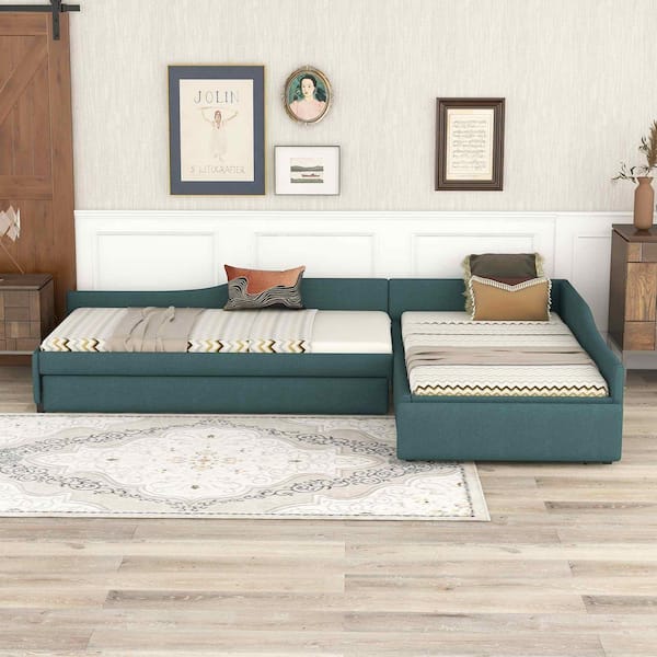 Green Wood Frame Twin Upholstered Platform Bed with Trundle and Drawer