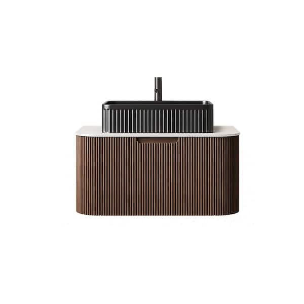 30 in. Wall-Mounted Dark Walnut Bath Vanity with White Engineered Marble Top Pre-Assembled