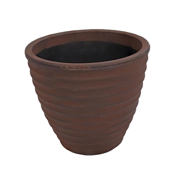 Sunnydaze 16 in. Round Ribbed Resin Indoor/Outdoor Planter-Rust