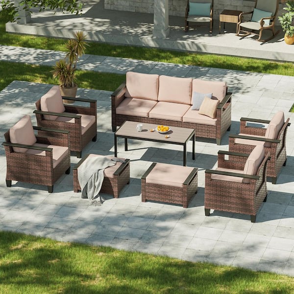 JOYESERY 8-Piece Patio Conversation Set with Coffee Table Wide Armrests Sofa with Ottoman Brown Wicker Sand Cushions