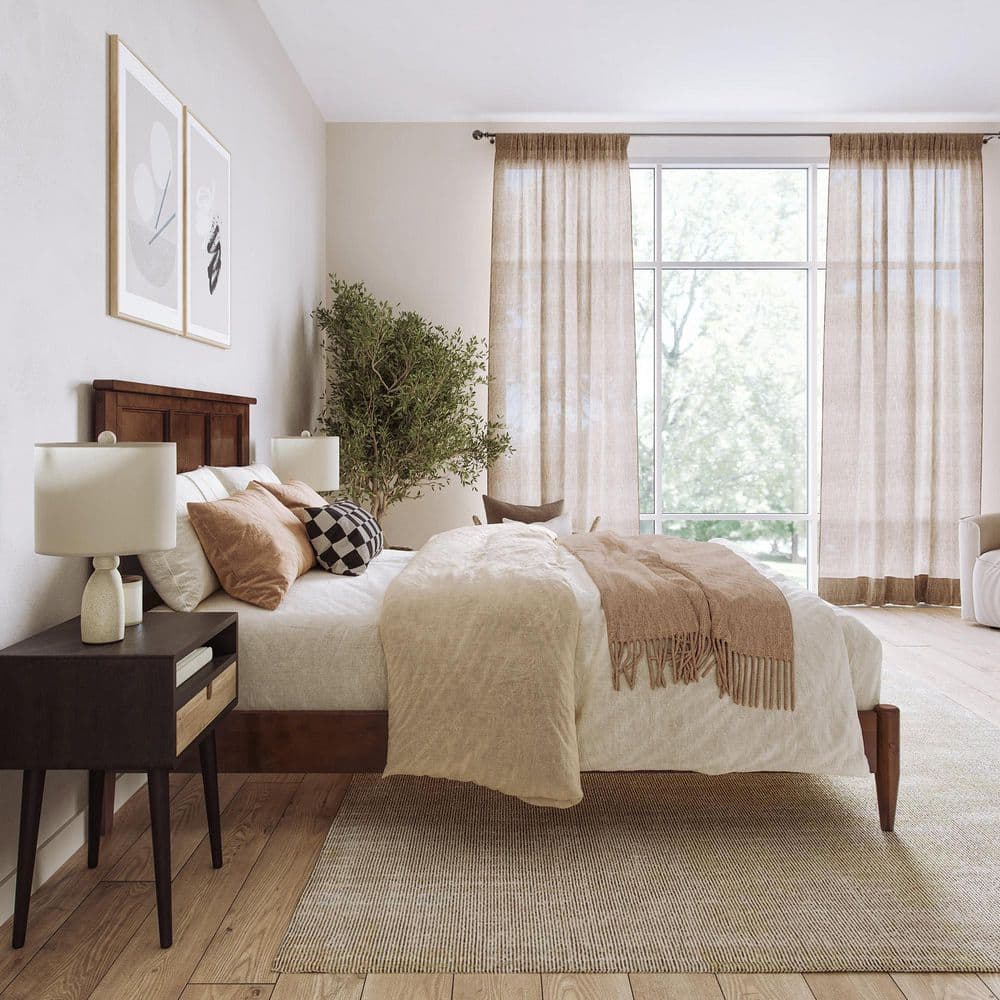 Charlotte Full Walnut Solid Wood Platform Bed with Headboard