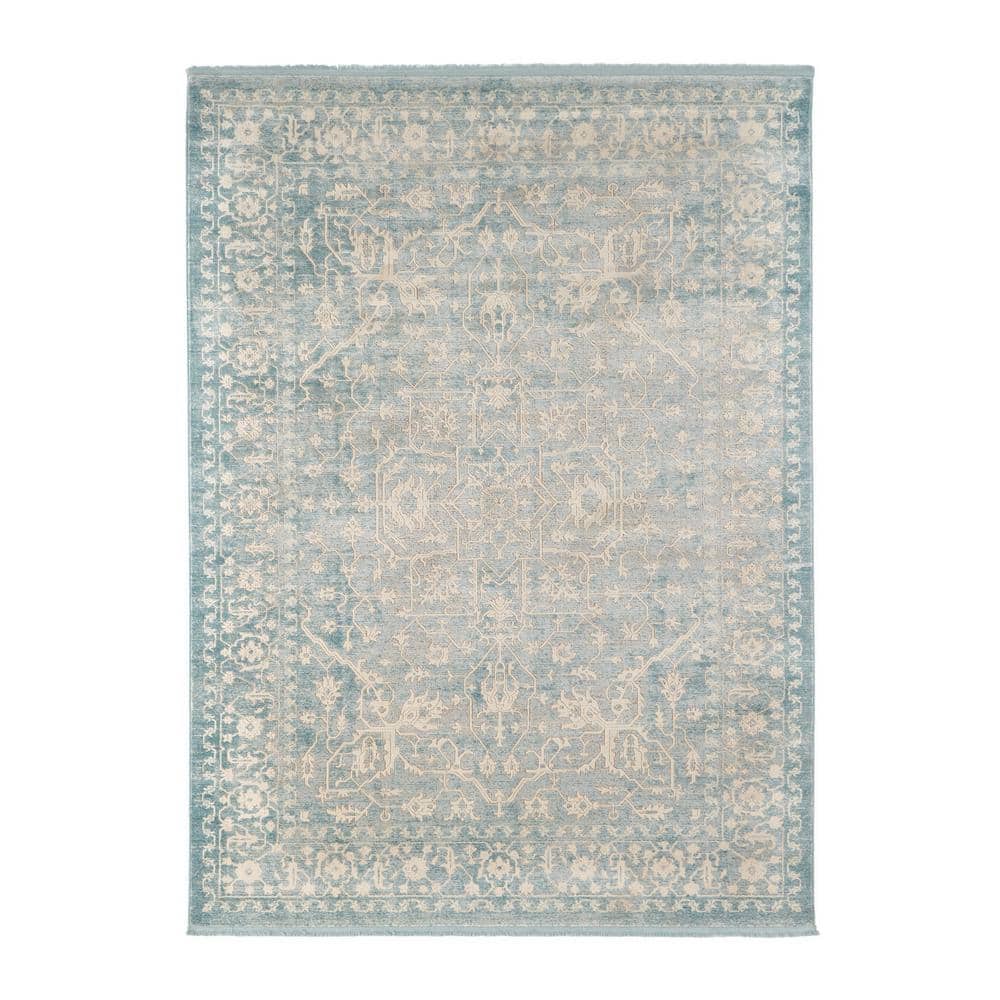 Elegant Light Blue and Ivory Abstract Indoor Area Rug, 7' x 10'