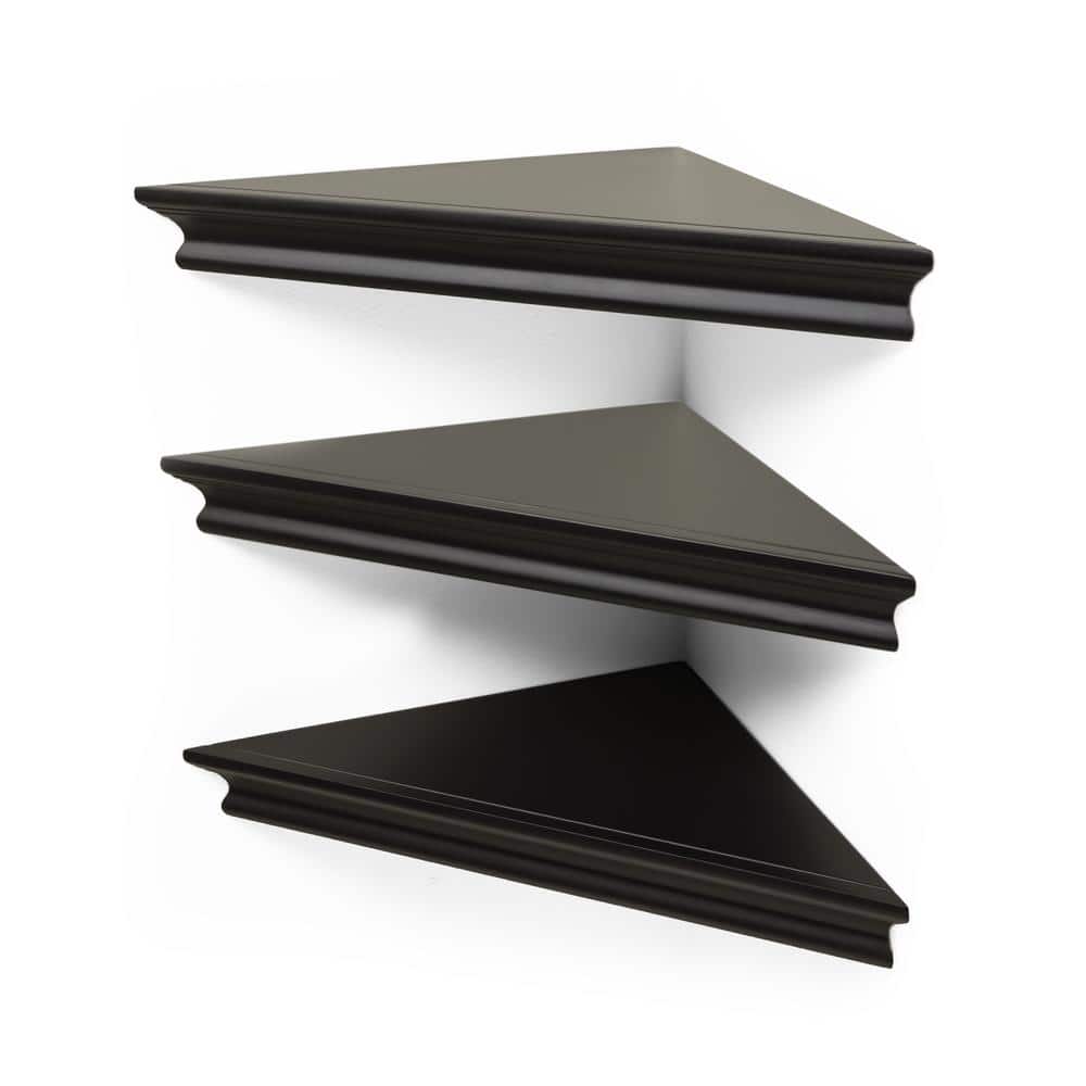 Black Wooden Triangle Floating Corner Wall Shelves, Set of 3