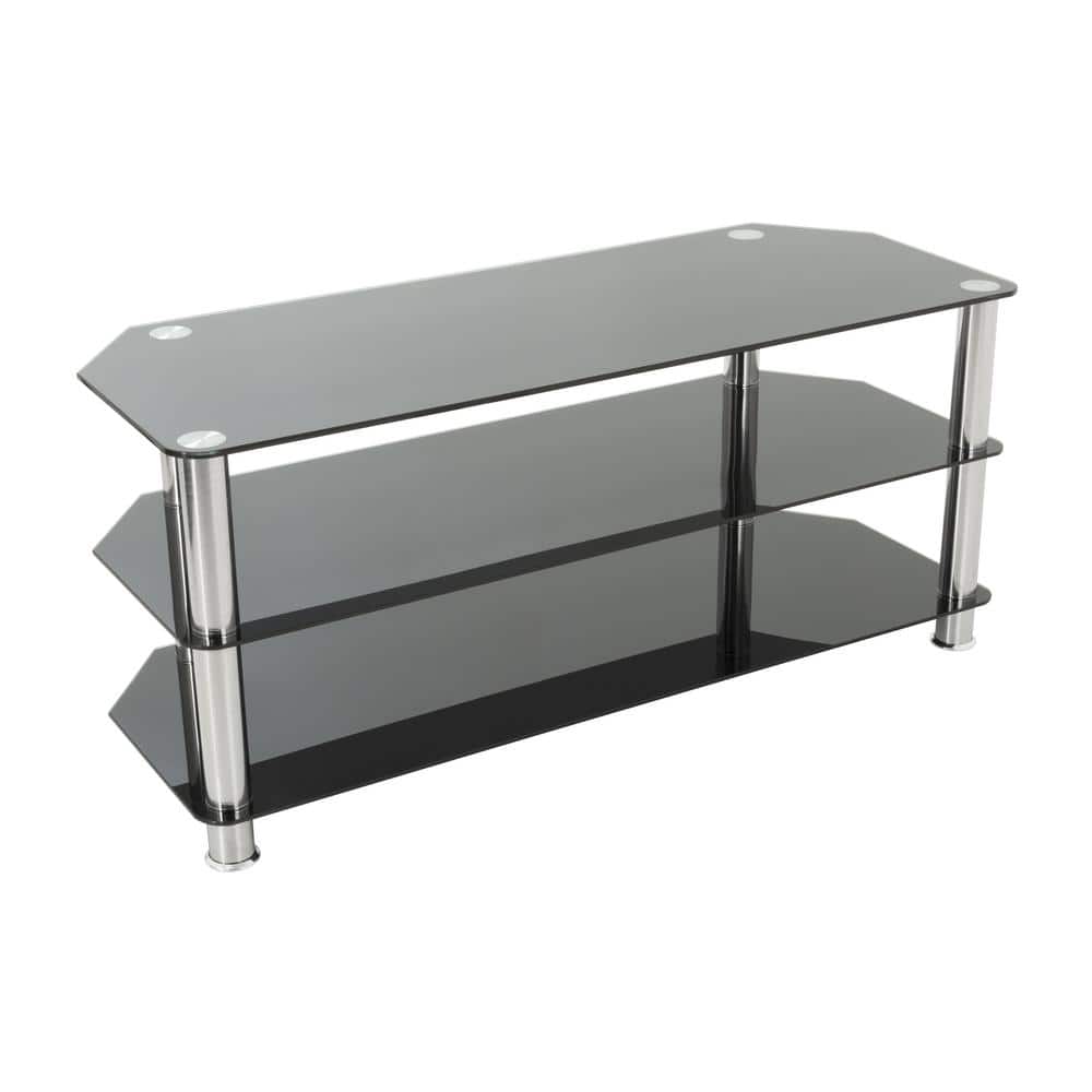 Black Tempered Glass Corner TV Stand with Chrome Legs, Up to 50"