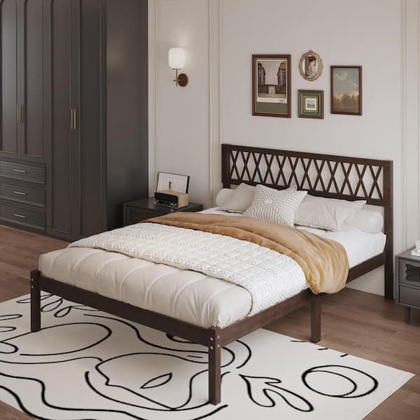 Brown Walnut Solid Wood Oak Flatbed Frame Queen Size Panel Bed with Grid Patterned Headboard